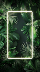 tropical leaves and neon frame. surreal tropical background. tropical backgrounds concept.