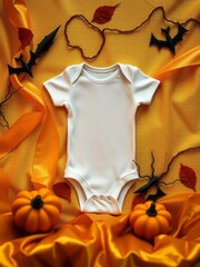 Wall Mural - White baby bodysuit mockup with halloween decor on gold background autumn halloween and thanksgiving concept halloween backdrop