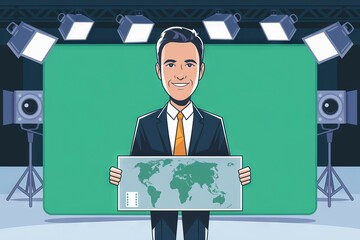 News anchor world map. A news anchor holds a world map in a studio setting, ready to present global news.