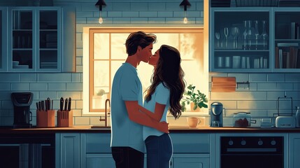 Wall Mural - Cozy Kitchen Kiss - Minimalist Anime Vector Illustration of Romantic Couple in Adobe Illustrator Style with Fun Playful Colors