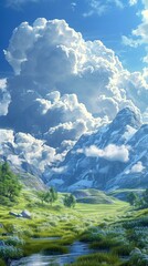 Poster - Stunning Mountain Landscape with Fluffy Clouds