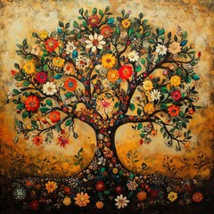 Wall Mural - A vibrant and colorful tree filled with flowers and greenery. The background features warm tones that enhance the beauty of nature. Perfect for decor or art projects. AI