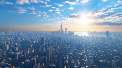 Sticker - Aerial View of a Modern City Skyline at Sunrise