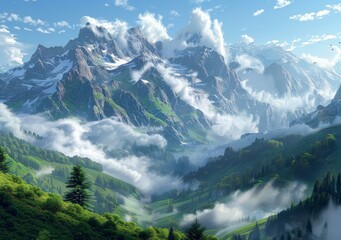 Wall Mural - Majestic Mountain Range Enveloped in Clouds