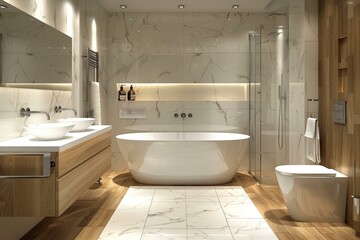 Wall Mural - Modern Bathroom Interior Design with Marble and Wood