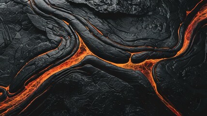 Lava flow texture. Molten rock flows through dark volcanic rock, creating a striking contrast of colors and textures.  The image symbolizes power and destruction.