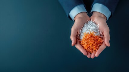 Hand holding a handful of thin, colorful plastic fibers extracted from old waste, environmental responsibility, plastic reuse, environmental awareness