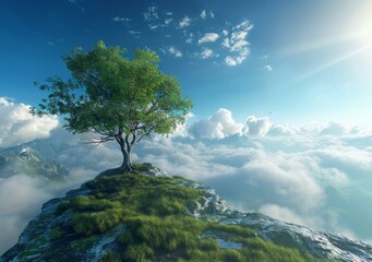 Wall Mural - Solitude of a Tree on a Cloud-Kissed Mountaintop