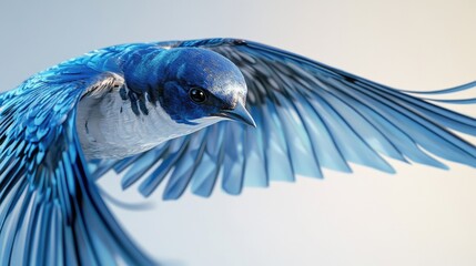 Close-up of a swallowas sleek blue feathers and pointed wings, in mid-flight against a clear sky.