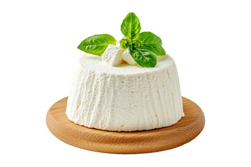 Fresh ricotta cheese with basil isolated on white background. Concept of dairy products and healthy eating.