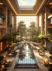 Poster - Luxury Hotel Lobby with Water Feature and Lush Landscaping