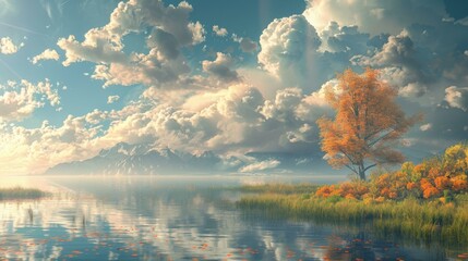 Canvas Print - Autumnal Lakeside Scenery with Majestic Clouds