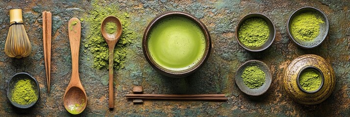 Overhead View of Matcha Tea and Traditional Preparation Tools, Cultural Food Background