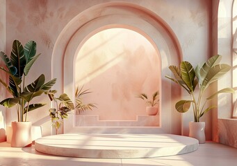 Wall Mural - Pastel Pink Interior Display with Plants