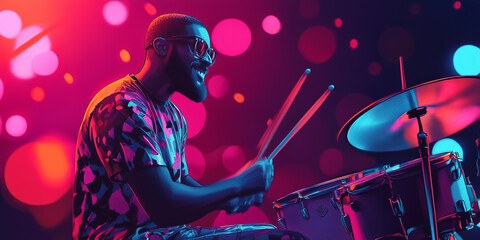 Drummer performing solo during jazz ensemble concert in club, illustration art