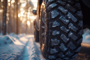 Wall Mural - Close-up of a Winter Tire on a Snowy Road, with a 4x4 Vehicle Driving Through a Sunlit Forest