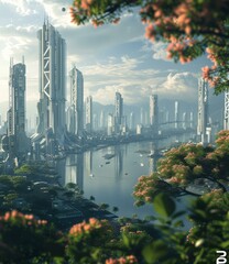 Wall Mural - Futuristic Cityscape with River and Lush Trees