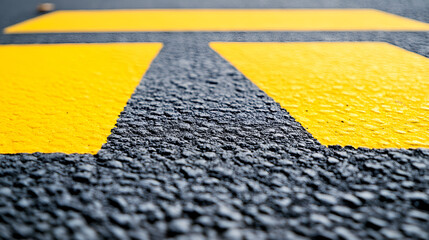 A close-up view of yellow pedestrian stripes on a textured asphalt road, illustrating urban design and safety features.