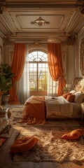 Sticker - Luxurious Elegant Interior Bedroom with Orange Curtains