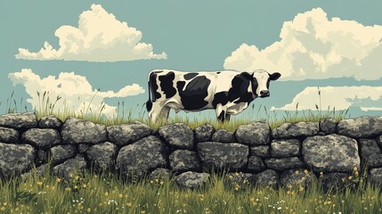 Wall Mural - Serene Irish Farming: Minimalist Black Outlines Retro Cow Illustration