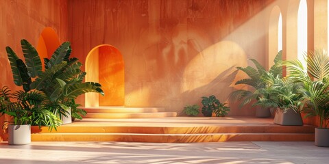 Wall Mural - Warm Sunlight in a Terracotta-Colored Architectural Space