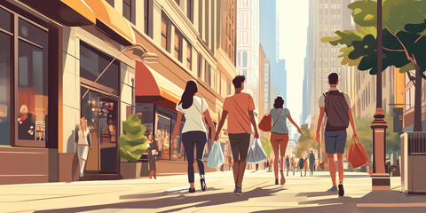 Group walking on a sidewalk past city skyscrapers and shops, illustration art