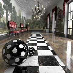 Sticker - Black and white polka dot spheres in a long surreal hallway