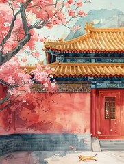 Wall Mural - Chinese courtyard with pink plum blossom