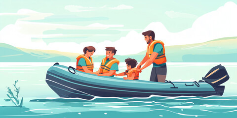 Parents helping children with life jackets on a boat, illustration art