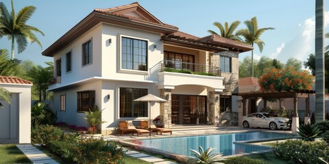 Sticker - Modern Villa Exterior Design Illustration