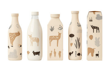 Milk bottles and cartons with animal illustrations in a minimalist style on a white background. Concept of dairy packaging design