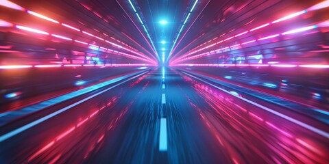 Futuristic glowing tunnel with neon lights and speed motion blur effect