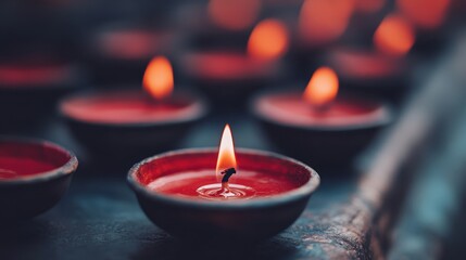 A row of glowing candles, their flames flickering gently, evoke a sense of peace and reflection. The warm lighting creates a meditative and intimate mood.