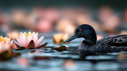 A black duck with striking red eyes floats gently beside a blooming pink water lily in a peaceful pond setting, illustrating serene natural beauty.