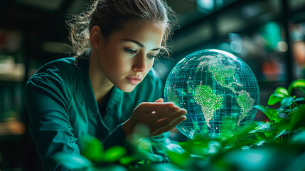 Wall Mural - the hand of a human holding an earth covered in green and a tree on it is a symbol for esg and clima