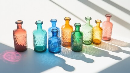 A group of colored glass bottles casting vibrant shadows in shades of blue, green, and red on a white surface under direct light