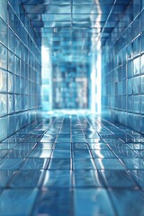 Canvas Print - Blue and white square tiles form a futuristic tunnel