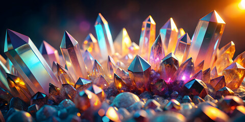 Canvas Print - crystal dreams: a mesmerizing close-up of iridescent crystals with vibrant hues, bathed in a warm an