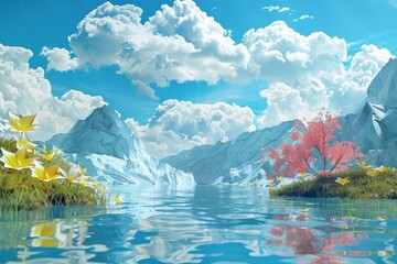 Sticker - Fantastic Mountain Lake Landscape Illustration