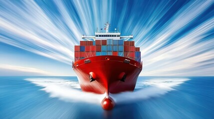 Vibrant red cargo ship traveling across the ocean with a dynamic background of blue water and sky.