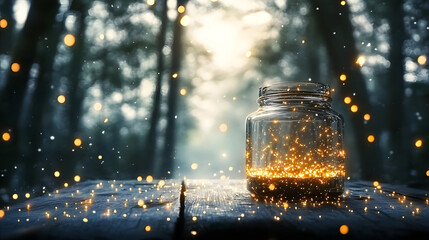 Poster - A glass jar rests atop a table amidst a forest brimming with fireflies