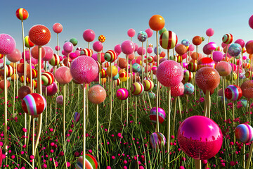 Wall Mural - A colorful field of jelly balls with a bright yellow background.,
