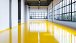© Bi - Interior view of a modern industrial space featuring glossy yellow flooring and large windows reflecting natural light.
