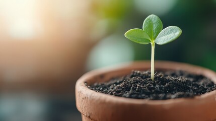 A vibrant seedling in a clay pot captured under soft morning light, representing rejuvenation and the cycle of life in an intimate natural setting.