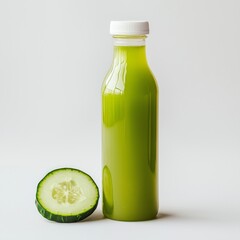 Wall Mural - Refreshing green juice in a clear glass bottle. A fresh cucumber slice sits next to it. Healthy drink for nutrition and hydration. Ideal for fitness and wellness enthusiasts. AI