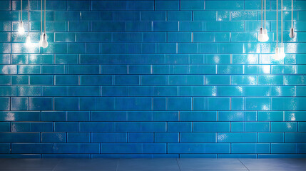 Poster - Blue tiled wall with blue and white lights hanging on either side