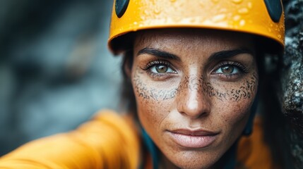 A climber with determined eyes defies challenges with wet gear and facial tattoos. Confidence and courage are key themes in this portrait of adventure.