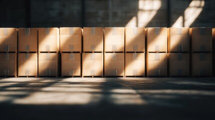 Neat rows of boxes in a warehouse interior are symmetrically highlighted by sunbeams, creating a feeling of order and industrial elegance.