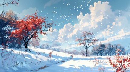 Canvas Print - A snowy winter landscape with a large red tree