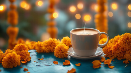 A cup of coffee on the table, surrounded by yellow flowers and soft lights in an Indian home during Diwali, captured with a Canon EOS R5 using a macro lens for detailed shots. The